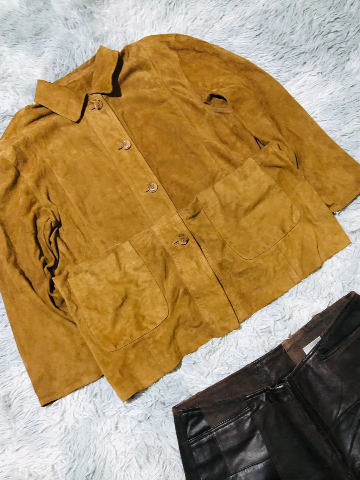Real Suede Leather Jacket Yellow Mustard Button Front Patch Pockets Shirt Collar Boho - Size M EU 40 – Vintage Dressing – taille M / 38 / 10 2