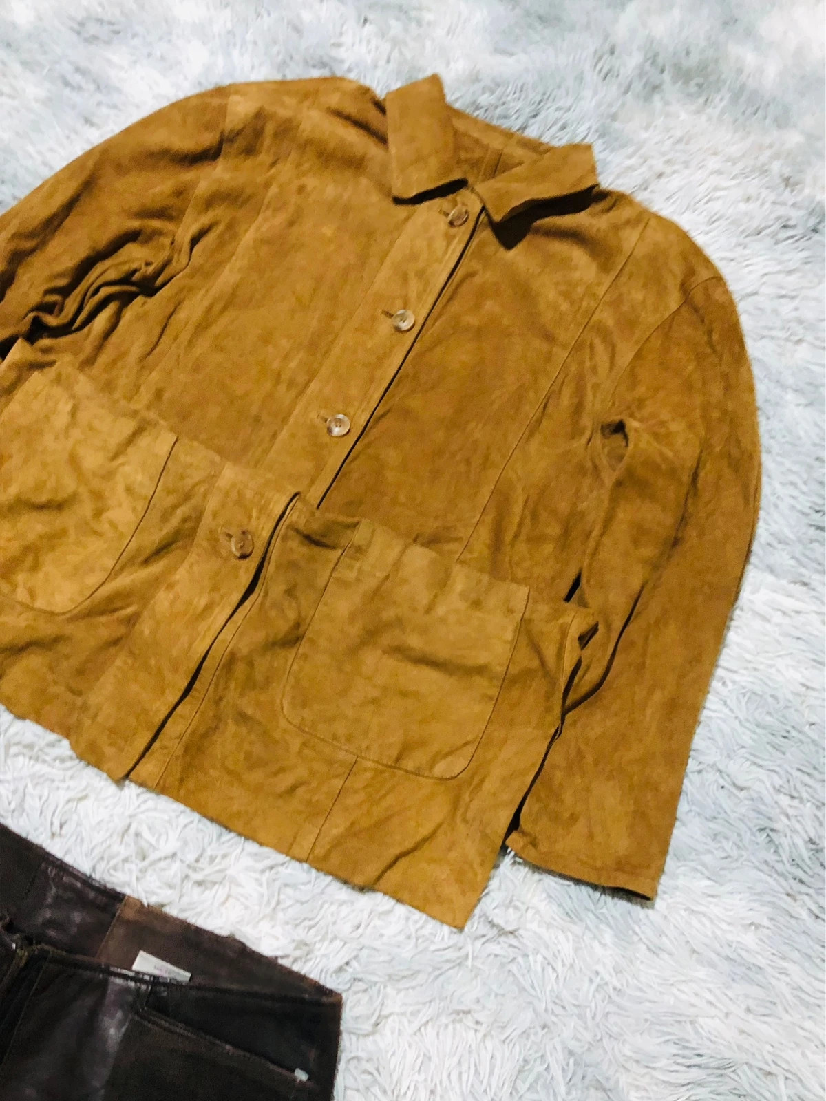Real Suede Leather Jacket Yellow Mustard Button Front Patch Pockets Shirt Collar Boho - Size M EU 40 – Vintage Dressing – taille M / 38 / 10 3