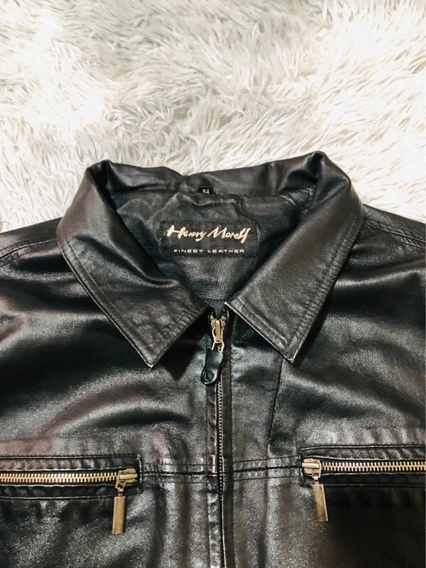 Henry Morell Real Leather Jacket Black Full Zip Shirt Collar Zipped Chest Pockets Biker - Size XL 54 – Vintage Dressing – taille XL 2