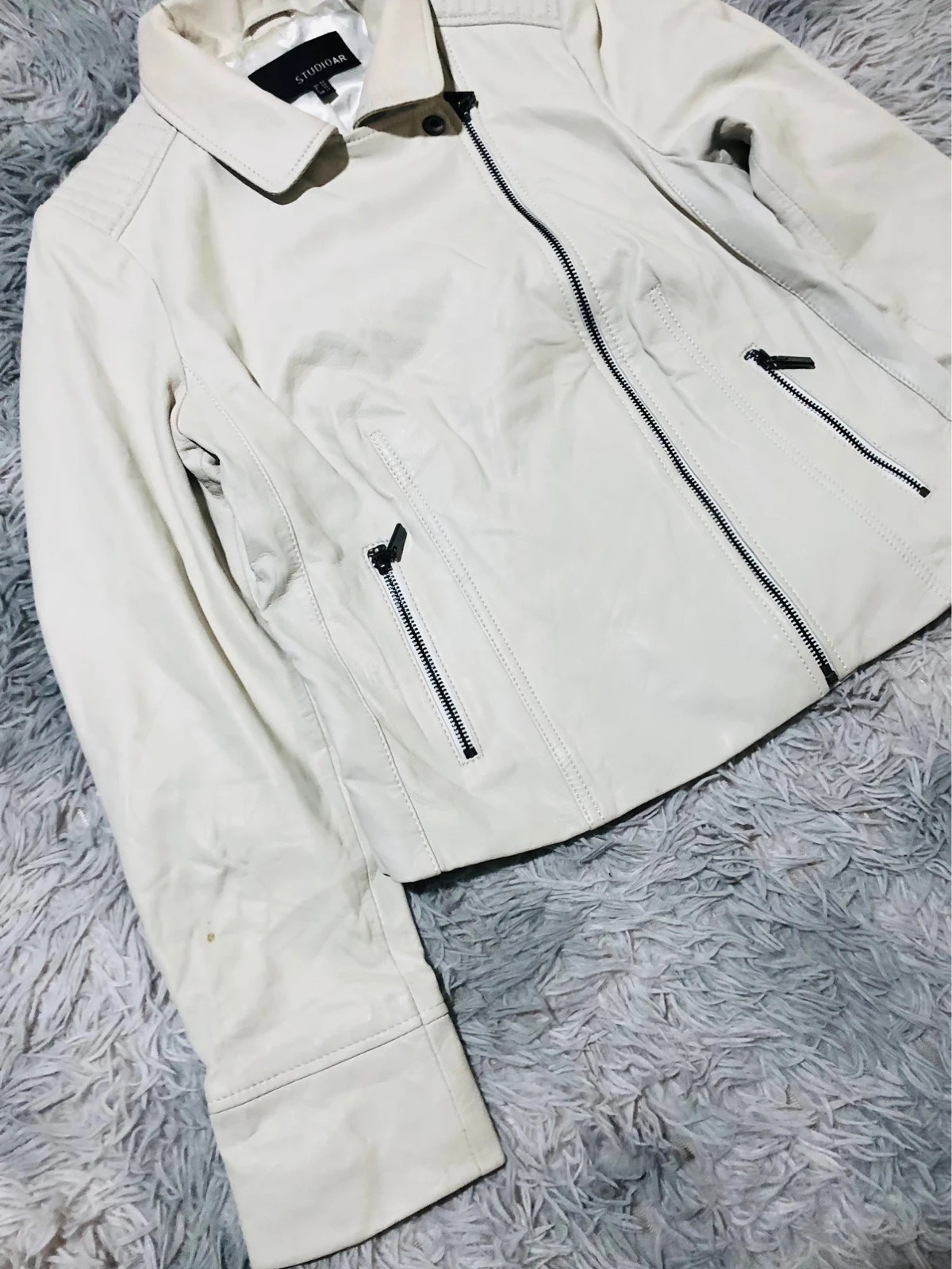 Studio AR Biker Jacket Cream Ivory Asymmetric Zip Black Zipped Pockets Pointed Collar - Size L NL 40 – Vintage Dressing – taille L / 40 / 12 2