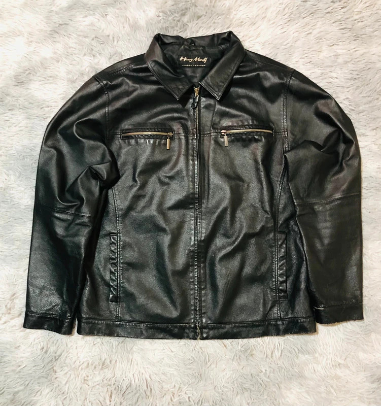 Henry Morell Real Leather Jacket Black Full Zip Shirt Collar Zipped Chest Pockets Biker - Size XL 54