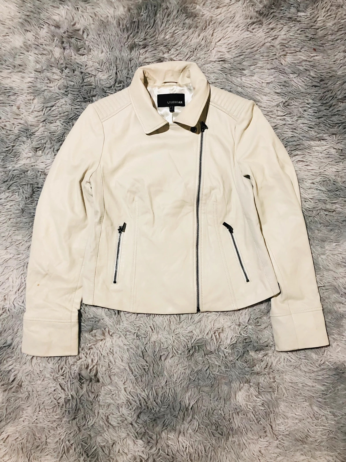Studio AR Biker Jacket Cream Ivory Asymmetric Zip Black Zipped Pockets Pointed Collar - Size L NL 40