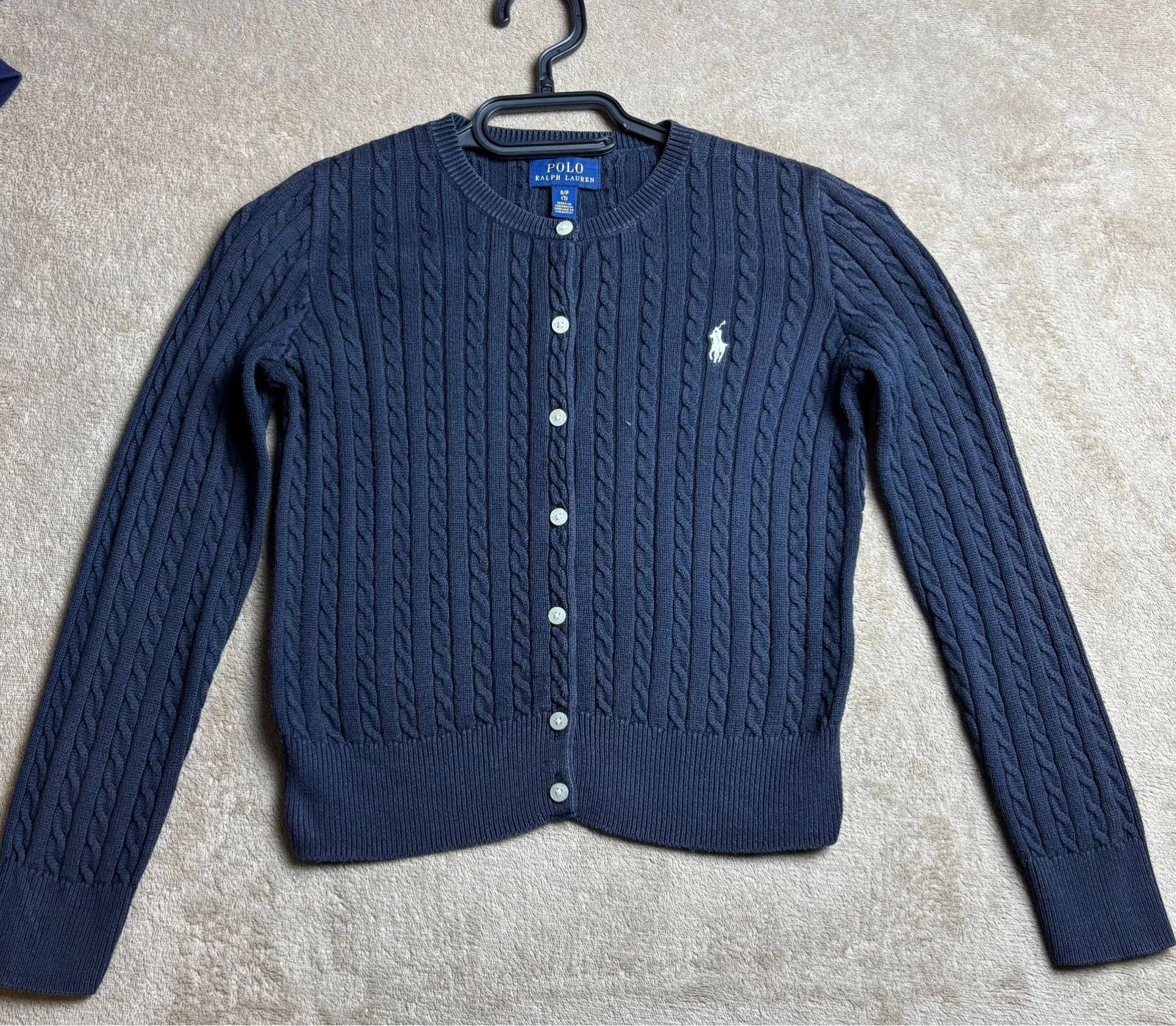 Gilet cardigan maille torsadée bleu marine Polo Ralph Lauren 7 ans / S