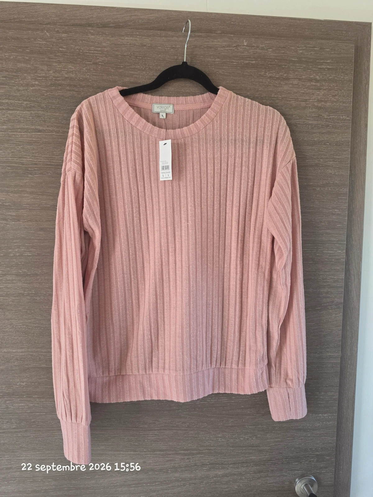 🌸 Pull Valege rose poudré côtelé – Taille L – Neuf avec étiquette