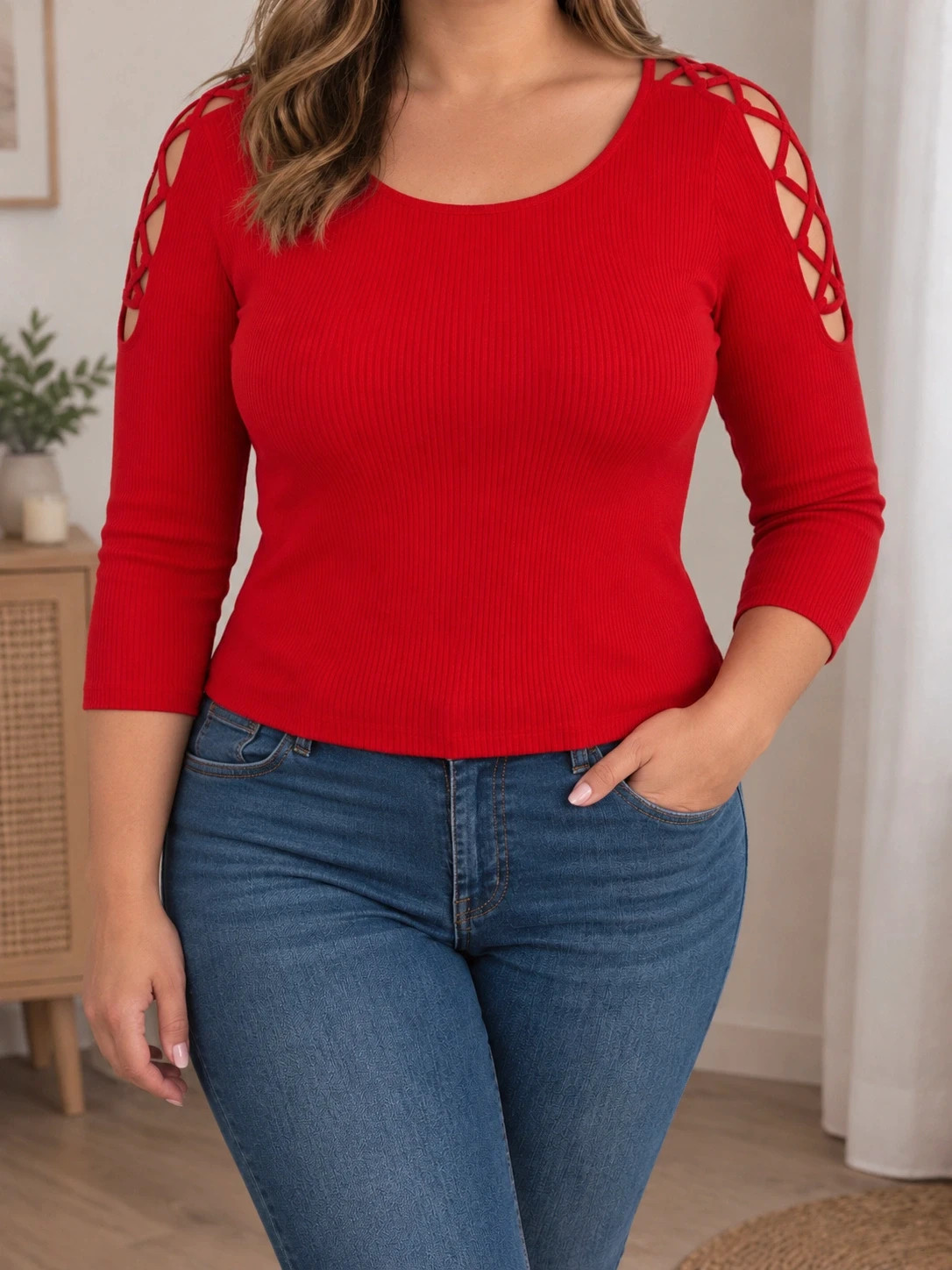 Body rouge manche lacee jusqu'au épaules
