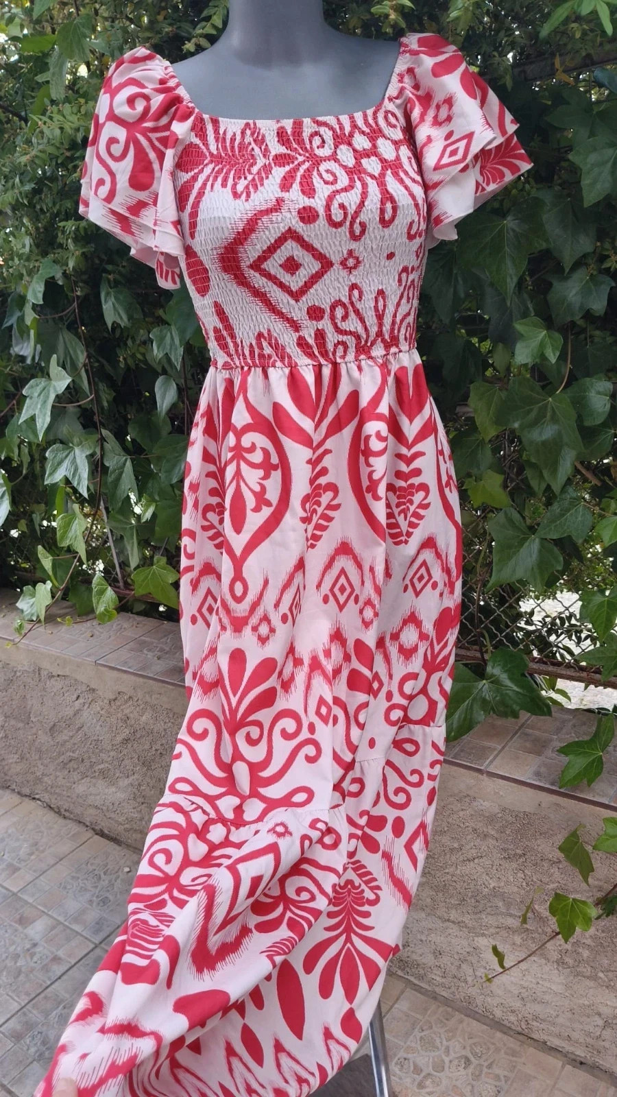 Vestido Largo Boho con Estampado Étnico Rojo y Blanco – Boutique Bohéme – taille M / 38 / 10 2