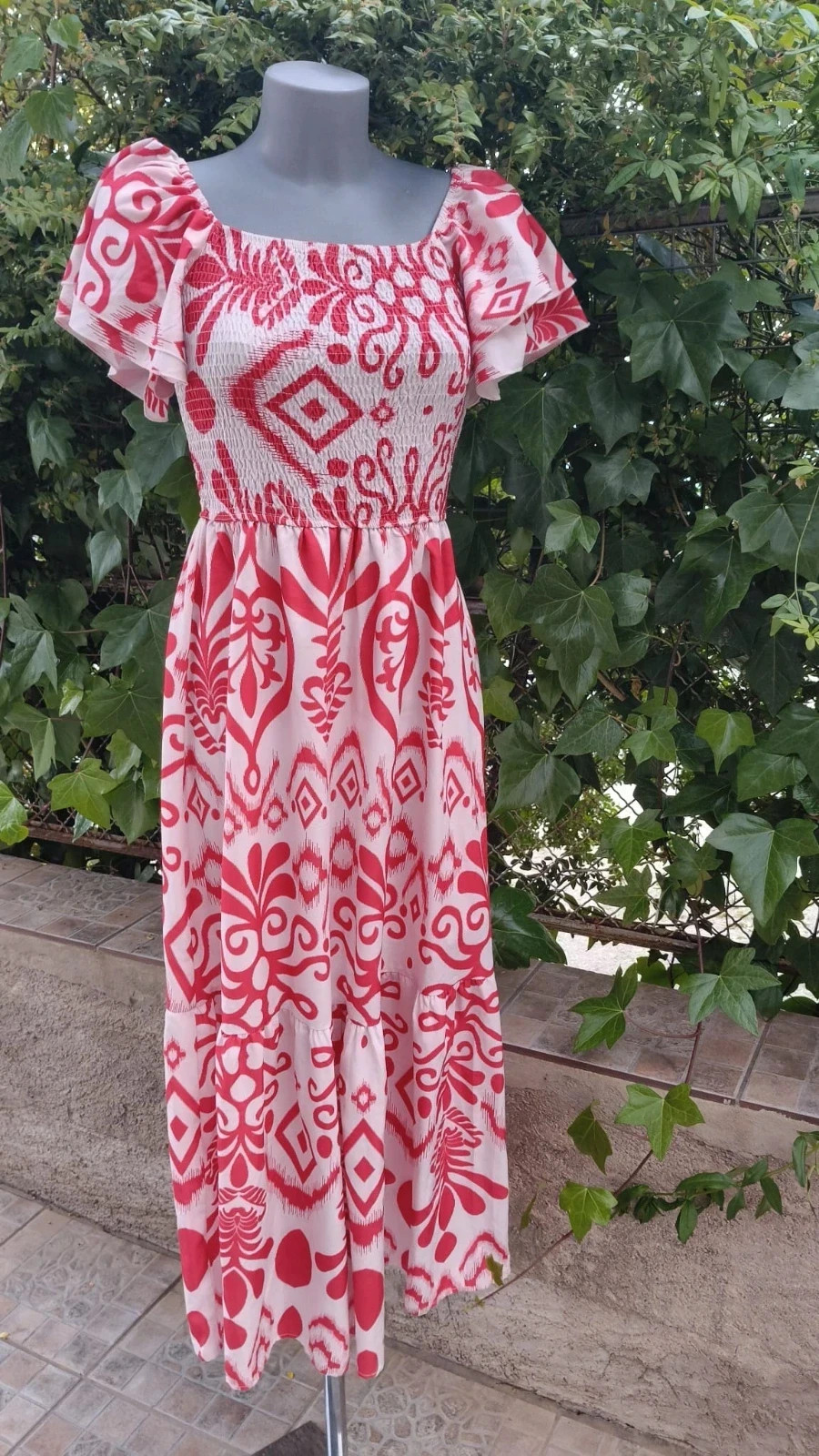Vestido Largo Boho con Estampado Étnico Rojo y Blanco – Boutique Bohéme – taille M / 38 / 10 3
