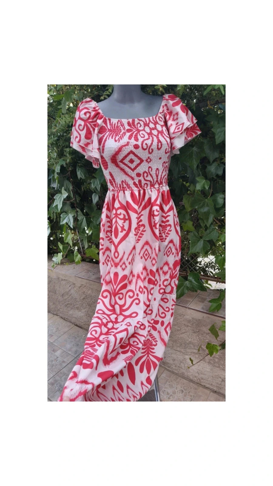 Vestido Largo Boho con Estampado Étnico Rojo y Blanco