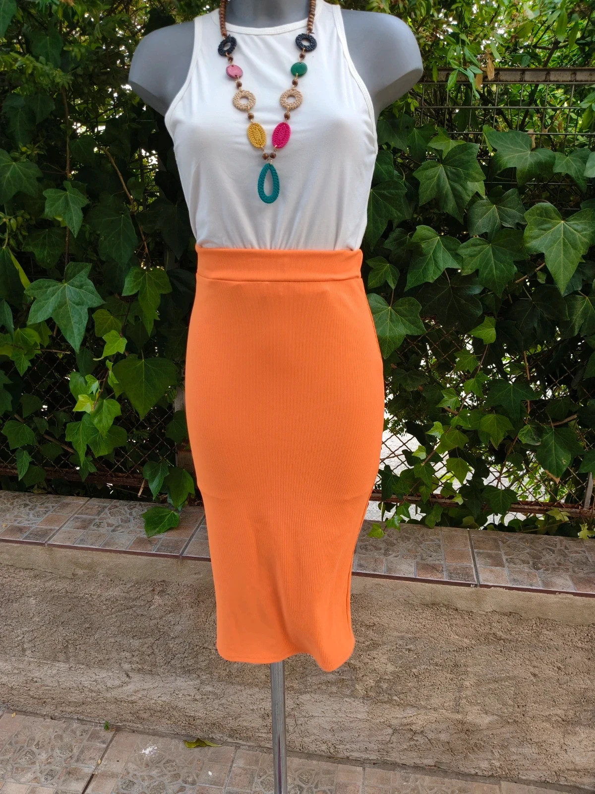 Falda de tubo ajustada de canalé en color naranja vibrante - Talla M 🌈 – M-Made in Italy – taille M / 38 / 10 2