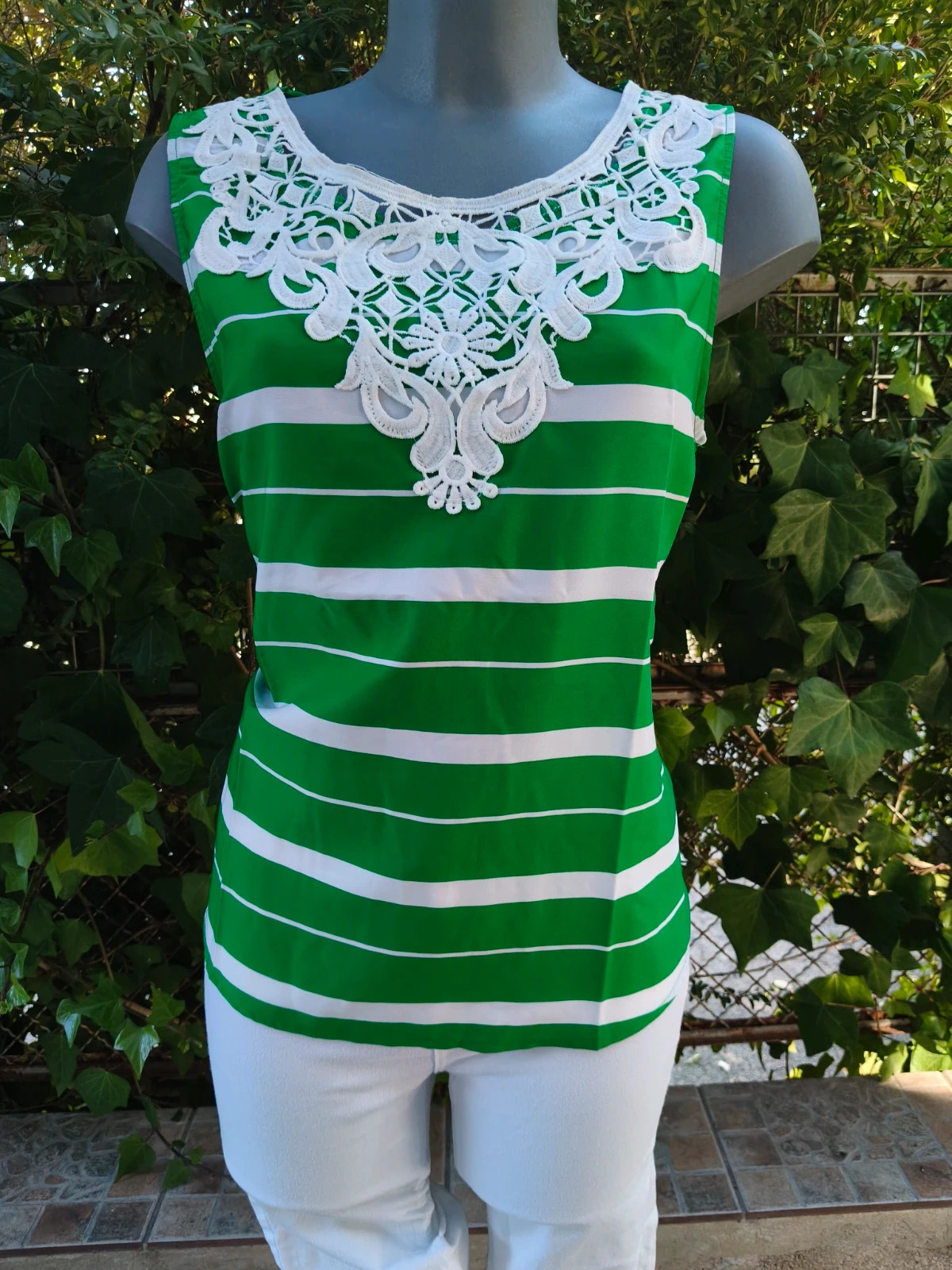 Blusa de rayas verde y blanca con detalle de encaje FMM 🌈 – FMM – taille XL / 42 / 14 4
