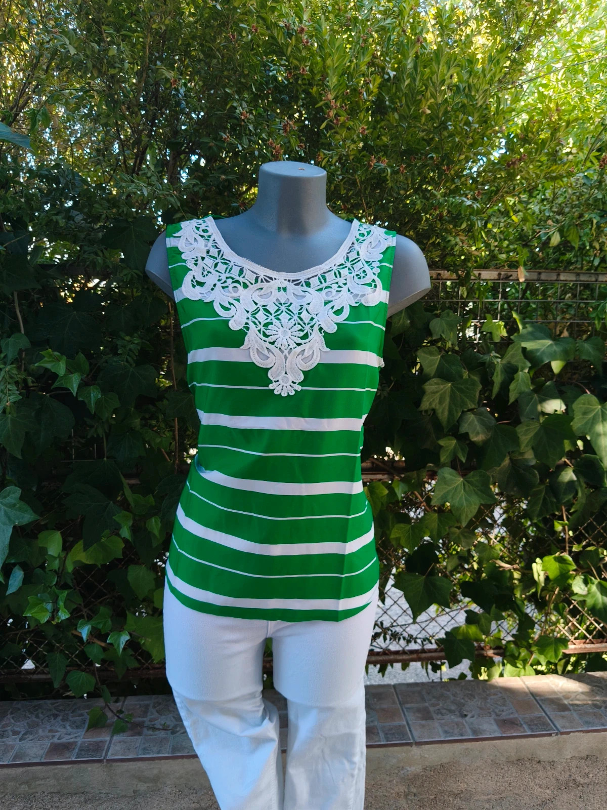 Blusa de rayas verde y blanca con detalle de encaje FMM 🌈 – FMM – taille XL / 42 / 14 2