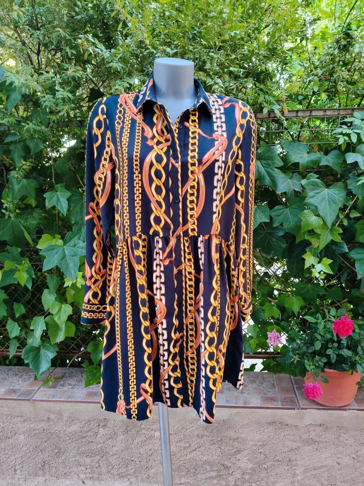 Vestido Camisero Corto con Estampado de Cadenas – Primark (Talla 40 ) 🌈 – Primark – taille L / 40 / 12 5