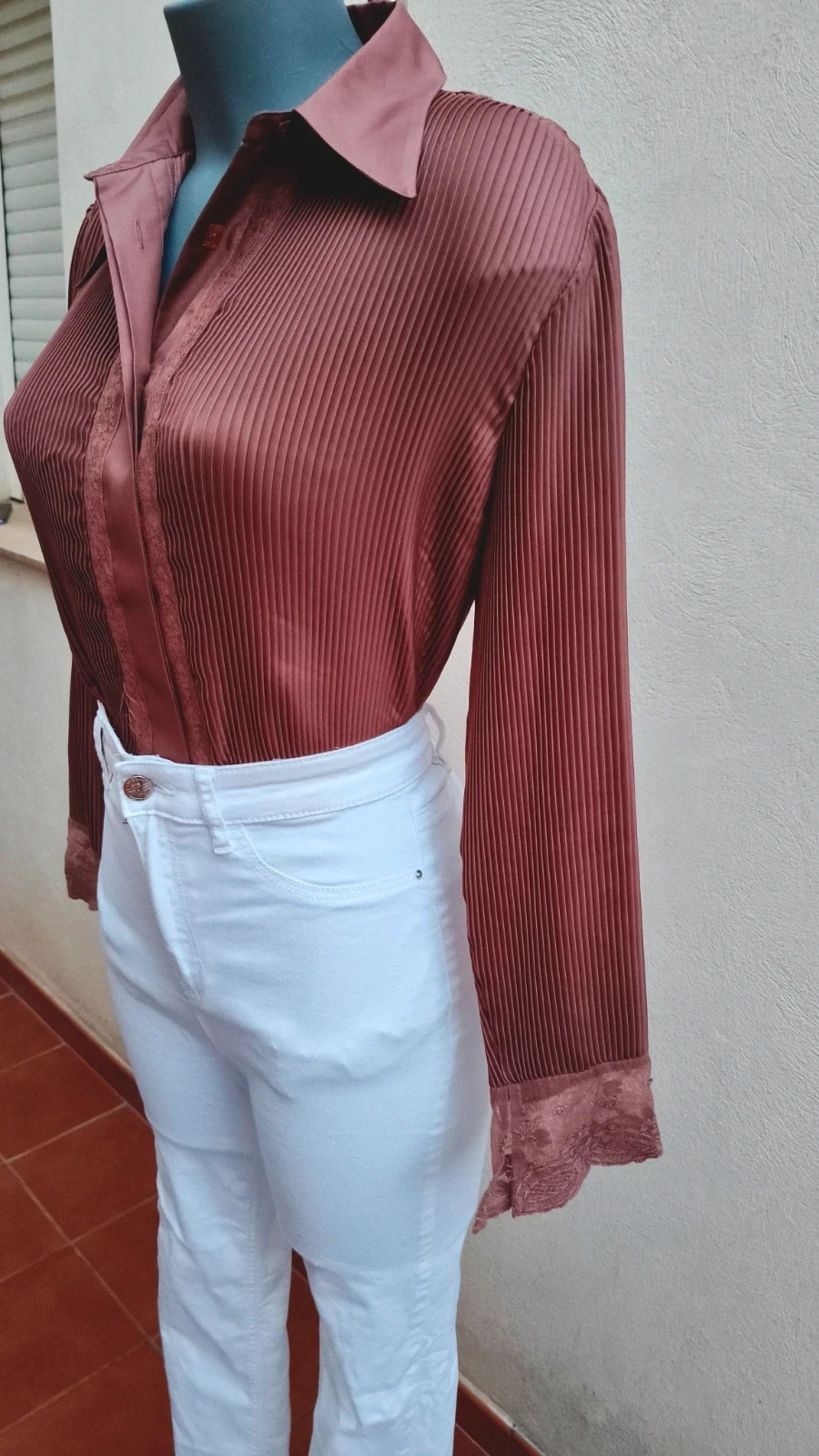 Blusa Plisada Satinada con Encaje - Lasserre 🌈 – Lasserre – taille L / 40 / 12 3