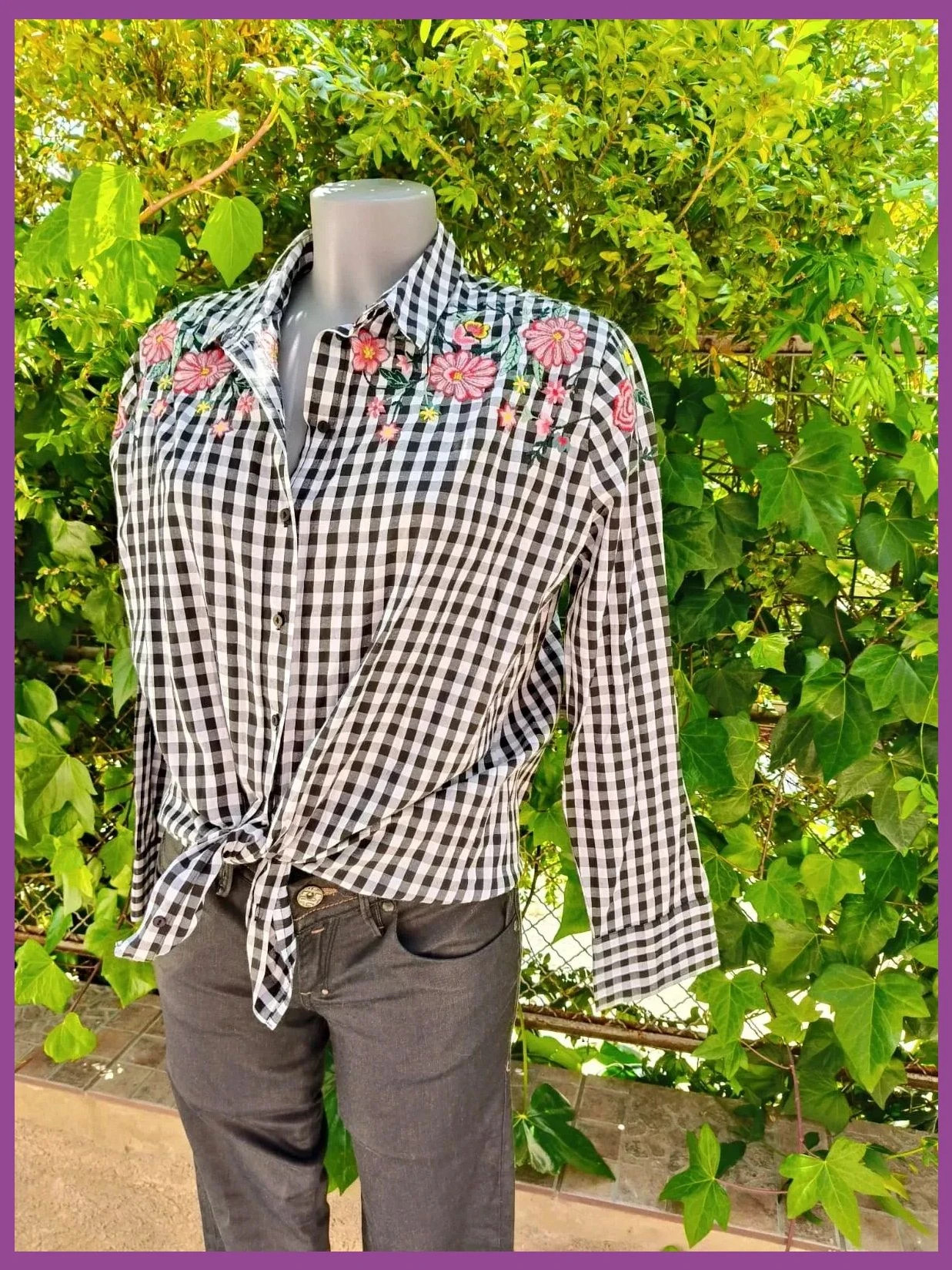 Camisa de Cuadros Gingham con Bordado de Flores - Pimkie 🌈 – Pimkie – taille L / 40 / 12 3