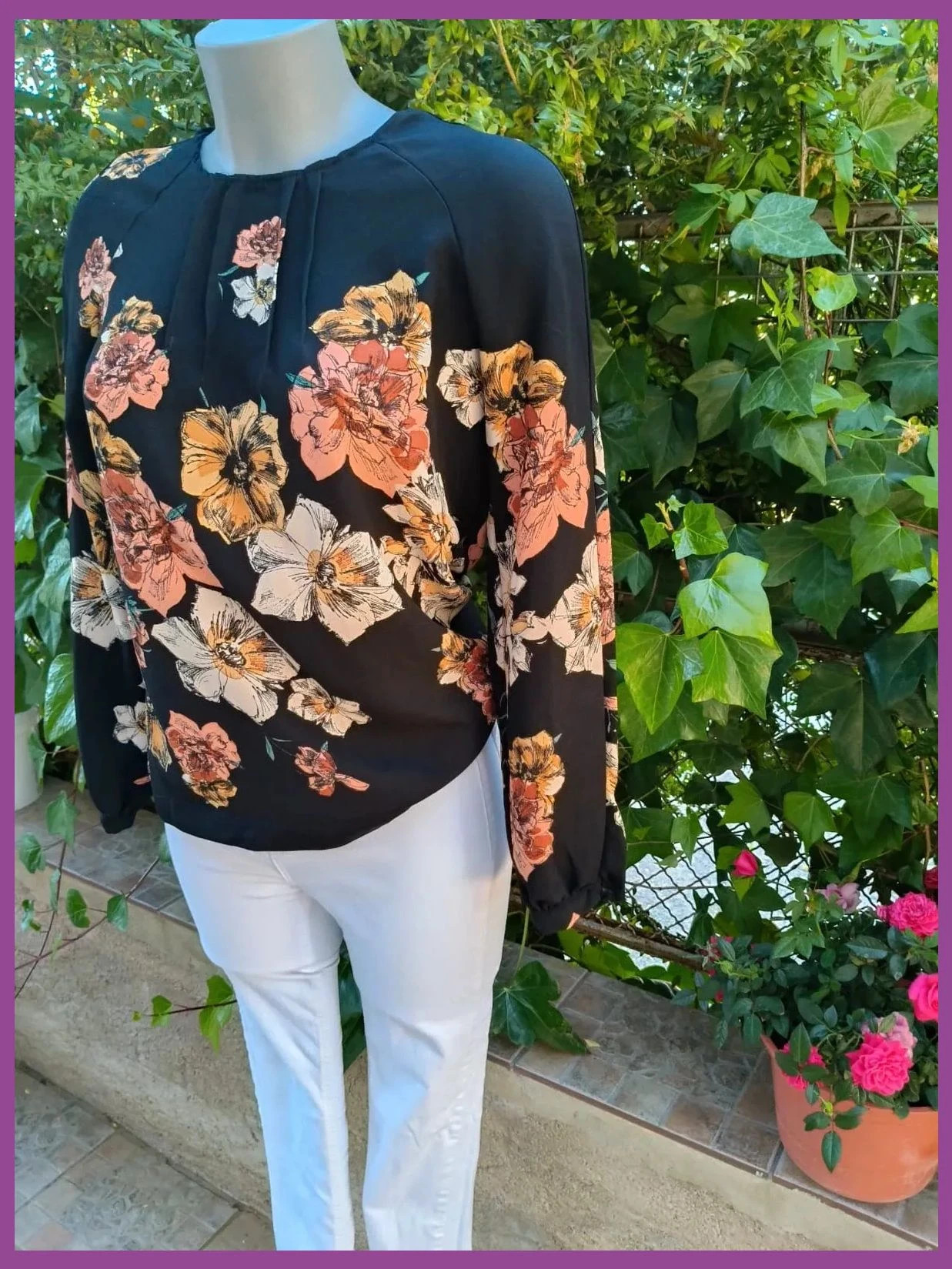 Blusa Negra Floral de Zara Basic – Talla XS 🌈 – Zara – taille XS / 34 / 6 4