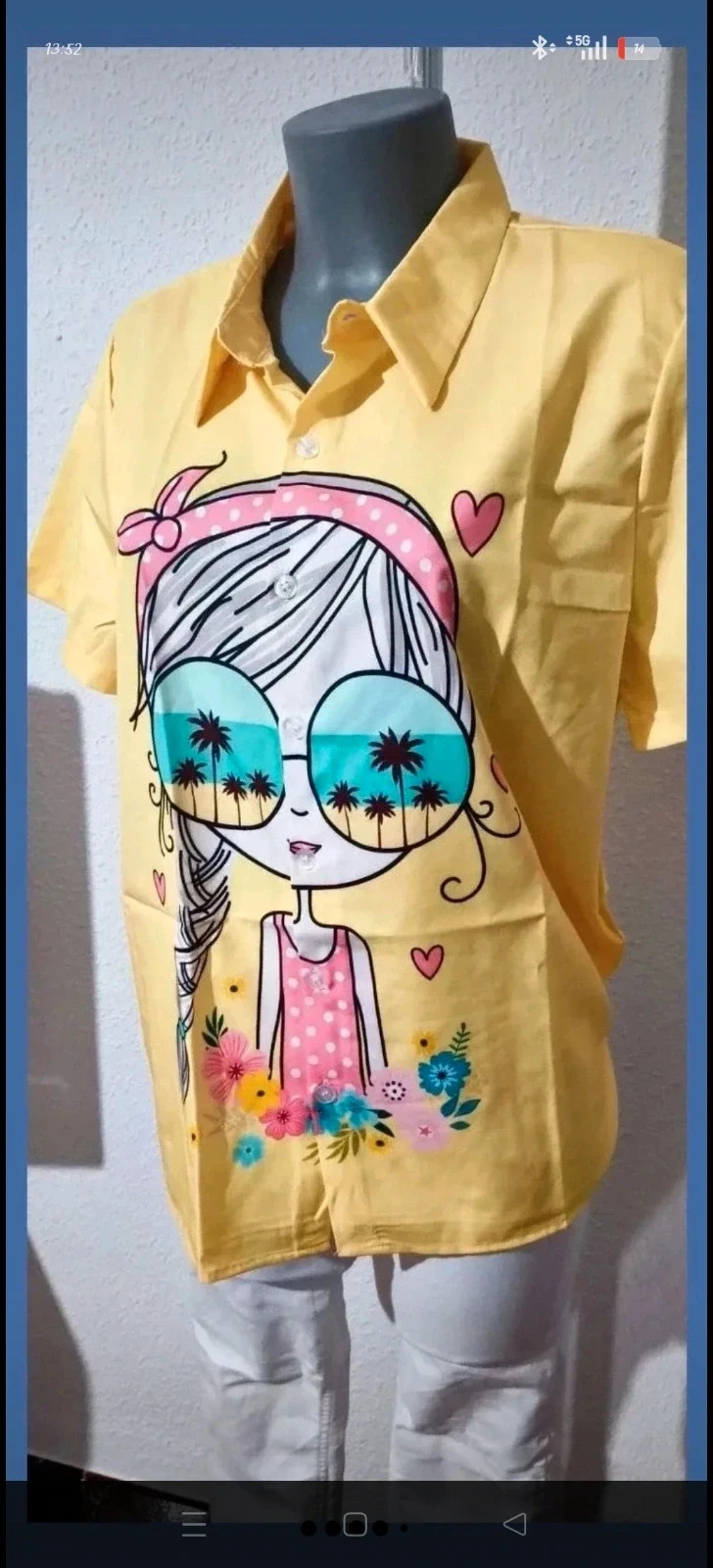 Camisa amarilla de manga corta con estampado divertido 🌈 – Vintage Love – taille XL / 42 / 14 3