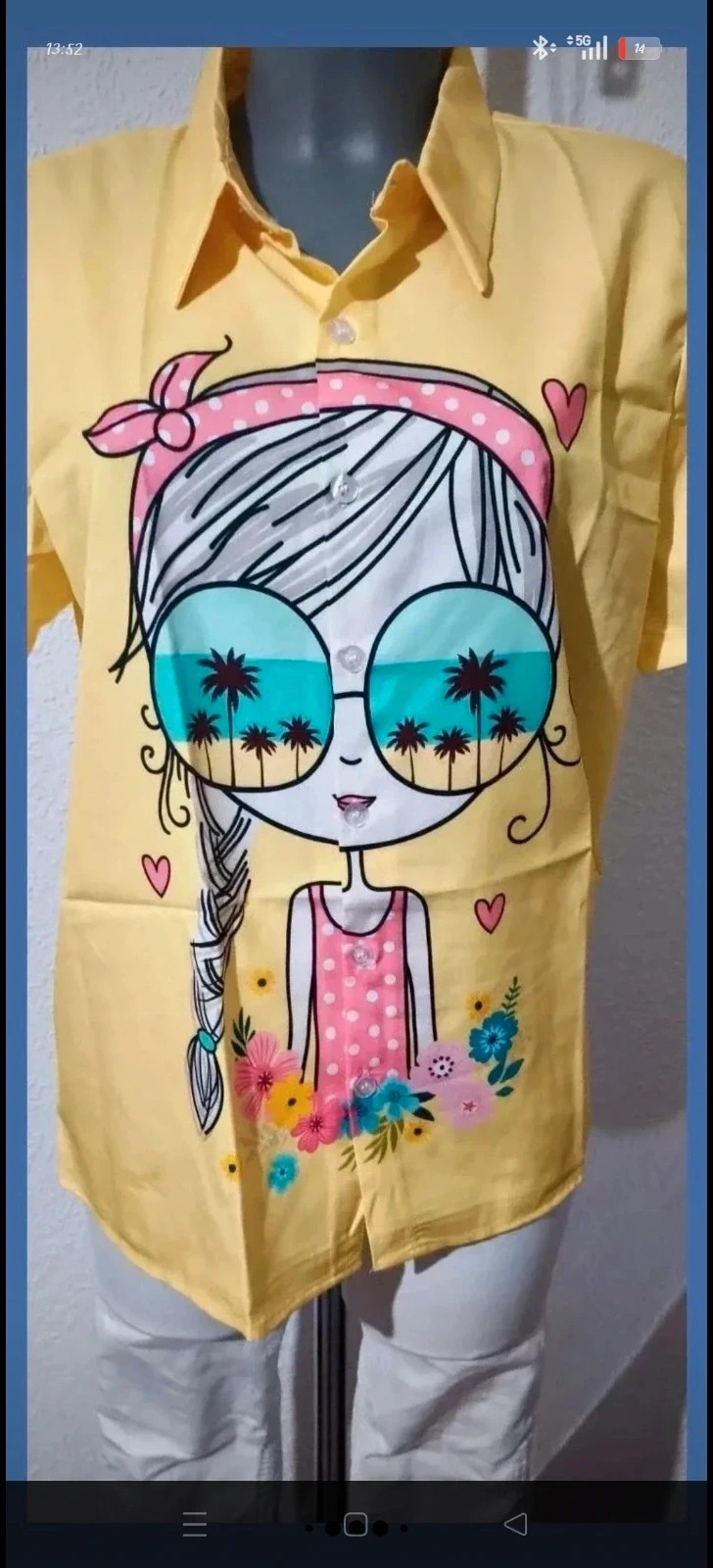 Camisa amarilla de manga corta con estampado divertido 🌈 – Vintage Love – taille XL / 42 / 14 5