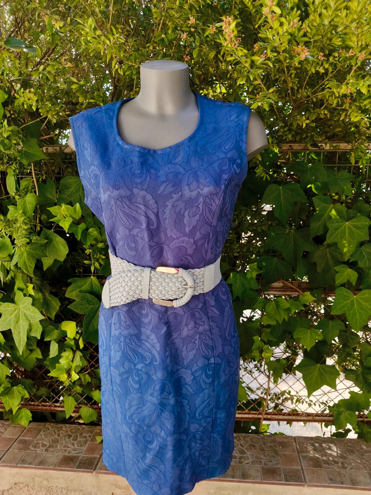 Vestido azul vintage con textura y estampado jacquard 🌈 – m et H Portron – taille XL / 42 / 14 2