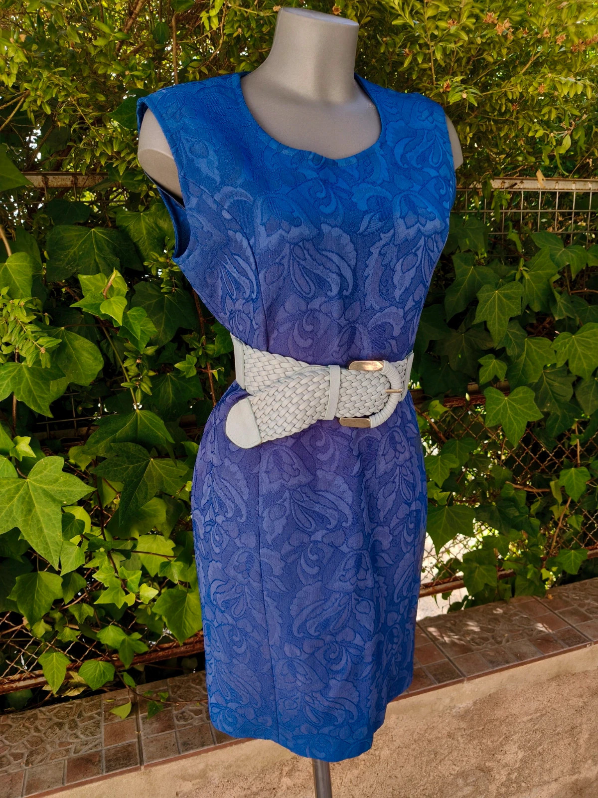 Vestido azul vintage con textura y estampado jacquard 🌈 – m et H Portron – taille XL / 42 / 14 4