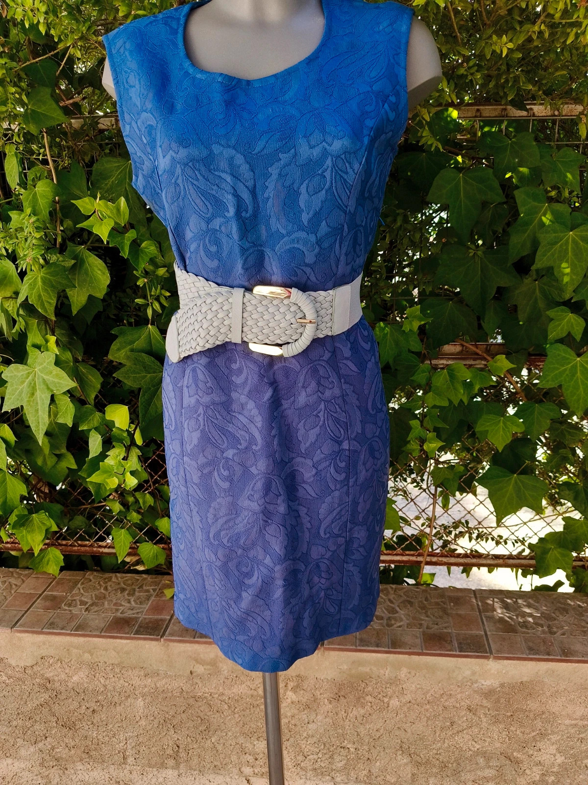 Vestido azul vintage con textura y estampado jacquard 🌈 – m et H Portron – taille XL / 42 / 14 3
