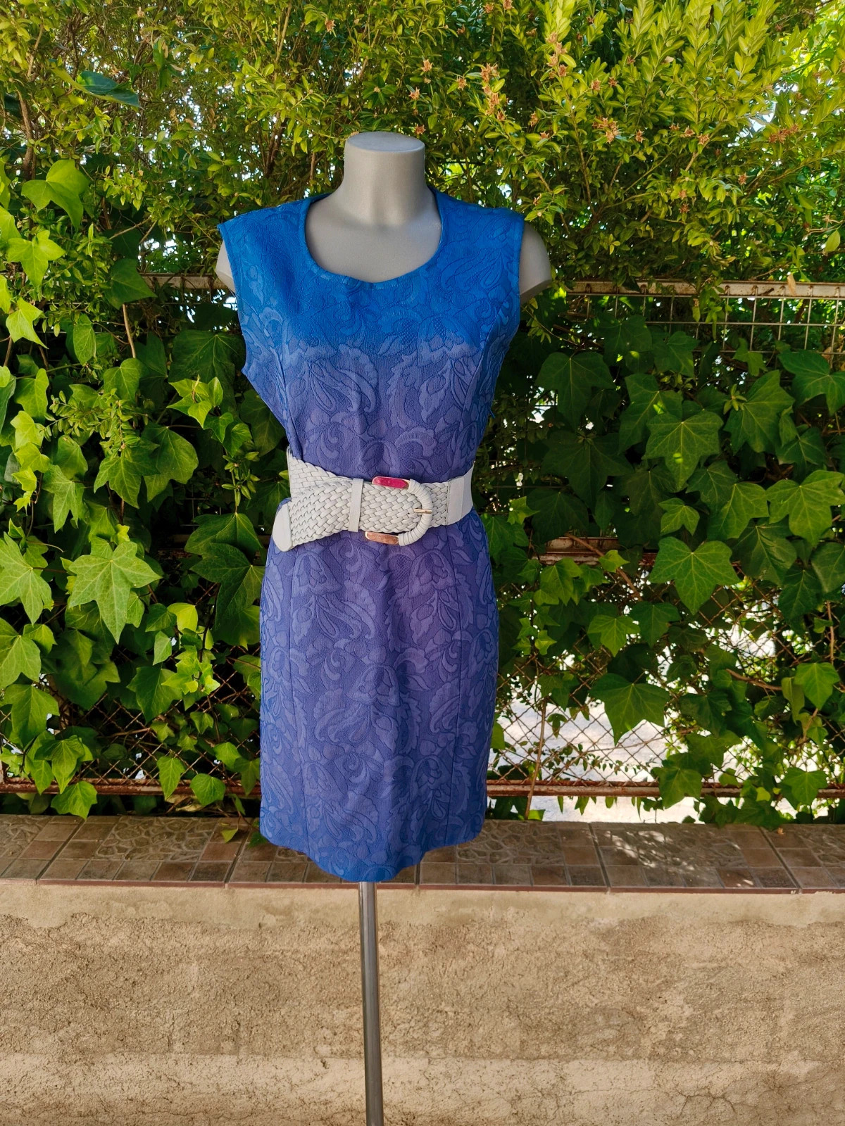Vestido azul vintage con textura y estampado jacquard 🌈 – m et H Portron – taille XL / 42 / 14