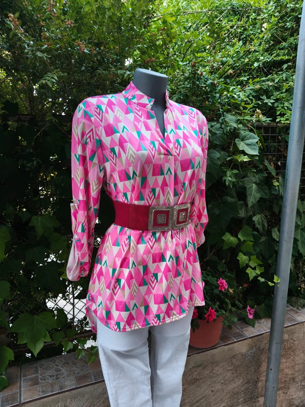 Blusa túnica estampada geométrica rosa 🌹 – Vintage Dressing – taille XL / 42 / 14 2