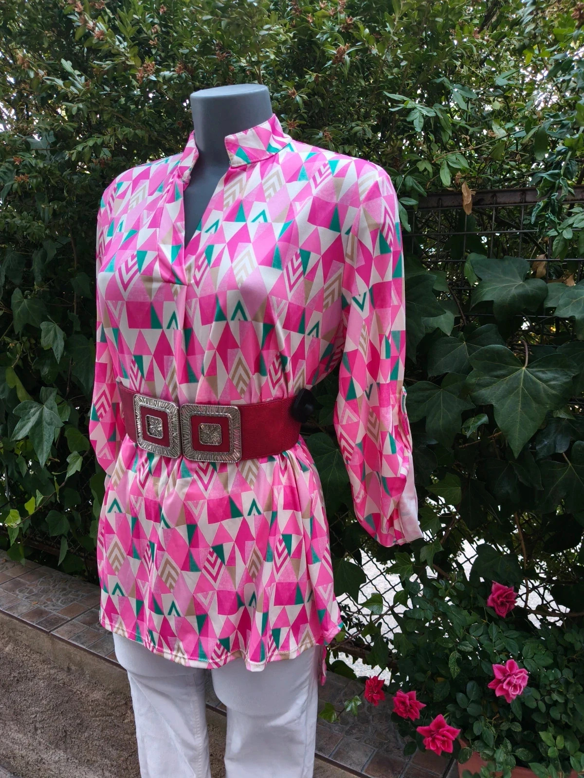 Blusa túnica estampada geométrica rosa 🌹 – Vintage Dressing – taille XL / 42 / 14 3