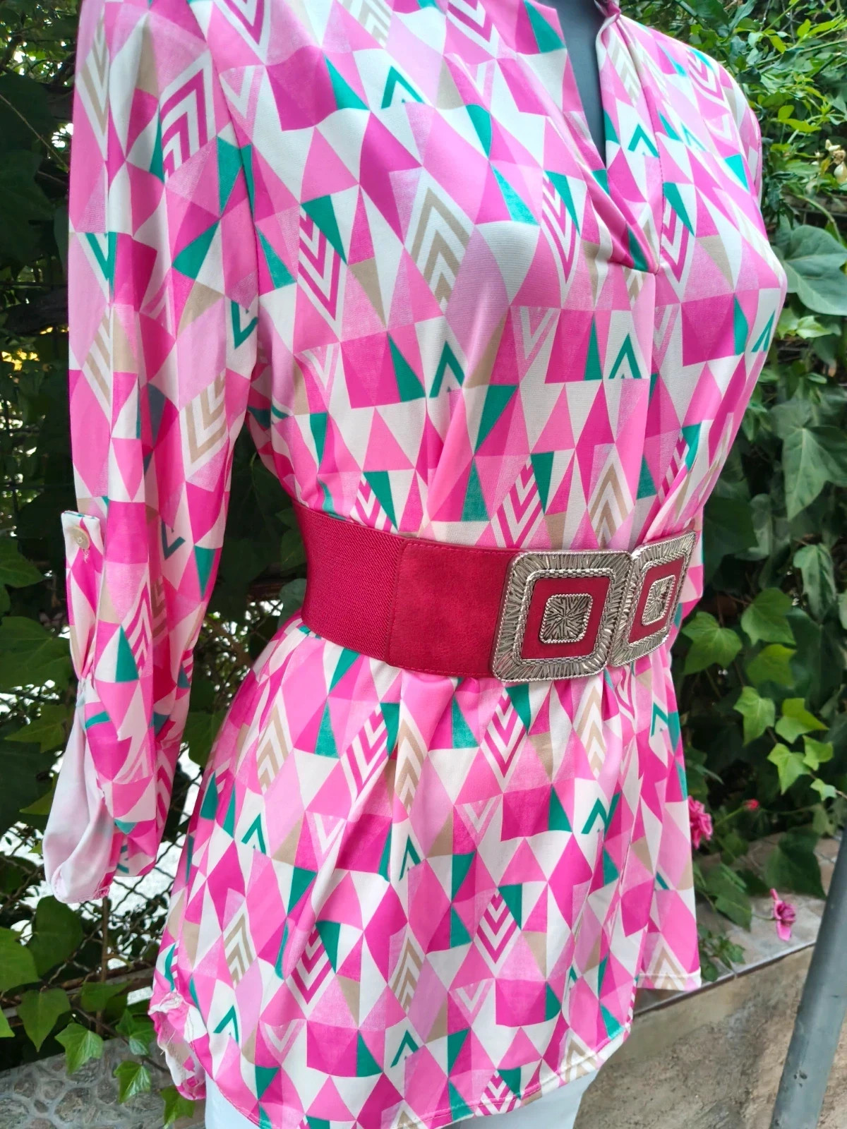 Blusa túnica estampada geométrica rosa 🌹 – Vintage Dressing – taille XL / 42 / 14 5