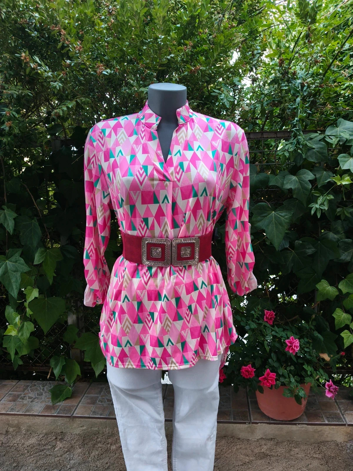 Blusa túnica estampada geométrica rosa 🌹 – Vintage Dressing – taille XL / 42 / 14