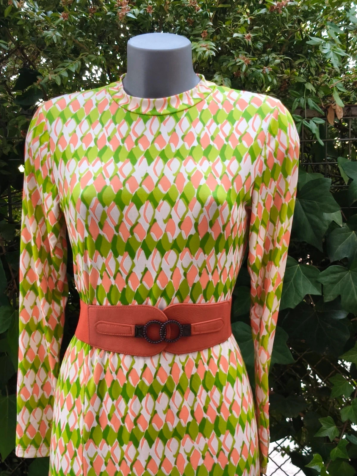 Espectacular Vestido Midi Vintage de los 70s - Estampado Geométrico Naranja y Verde 🌈 – Vintage Boutique – taille L / 40 / 12 2