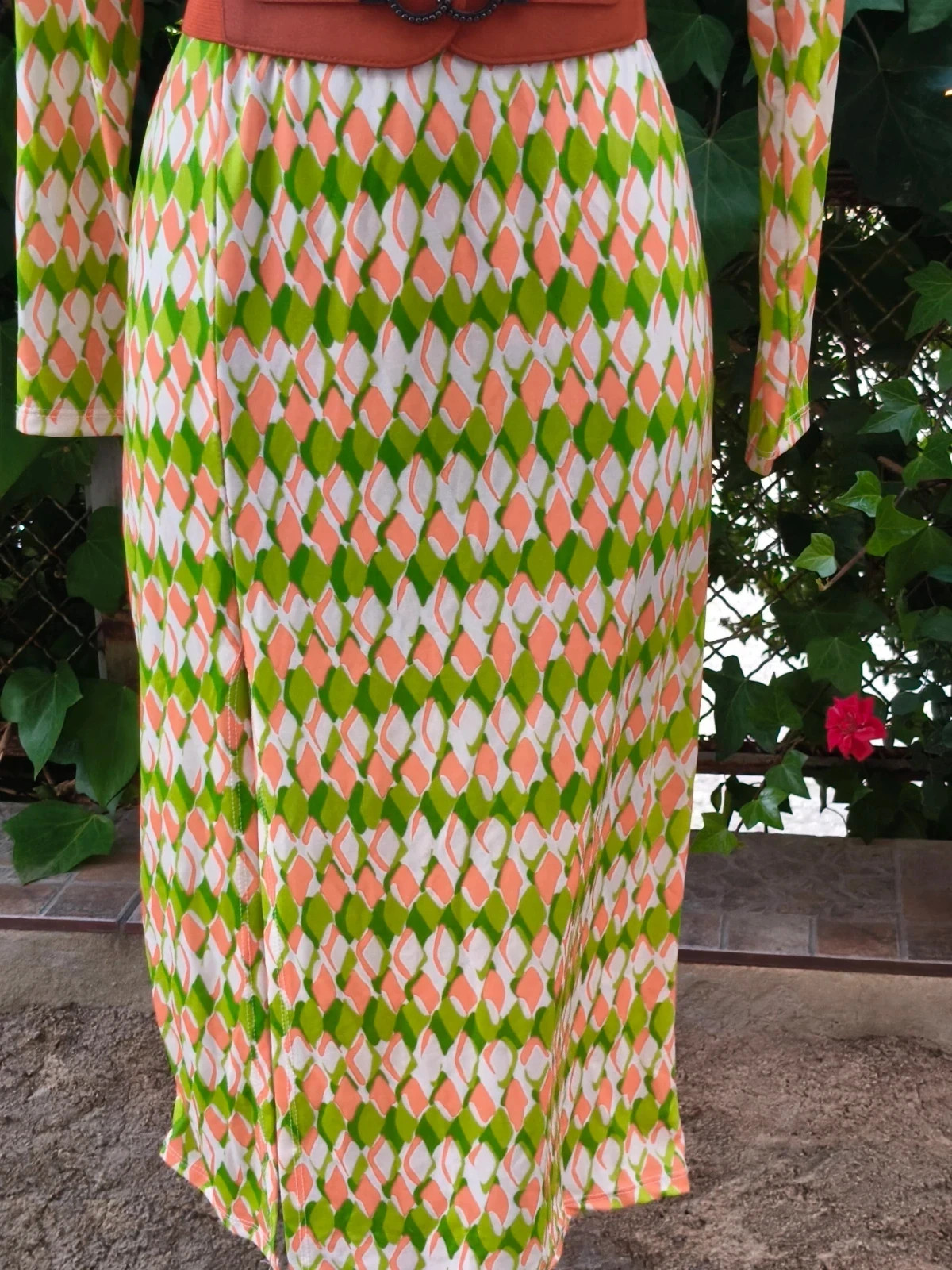 Espectacular Vestido Midi Vintage de los 70s - Estampado Geométrico Naranja y Verde 🌈 – Vintage Boutique – taille L / 40 / 12 3