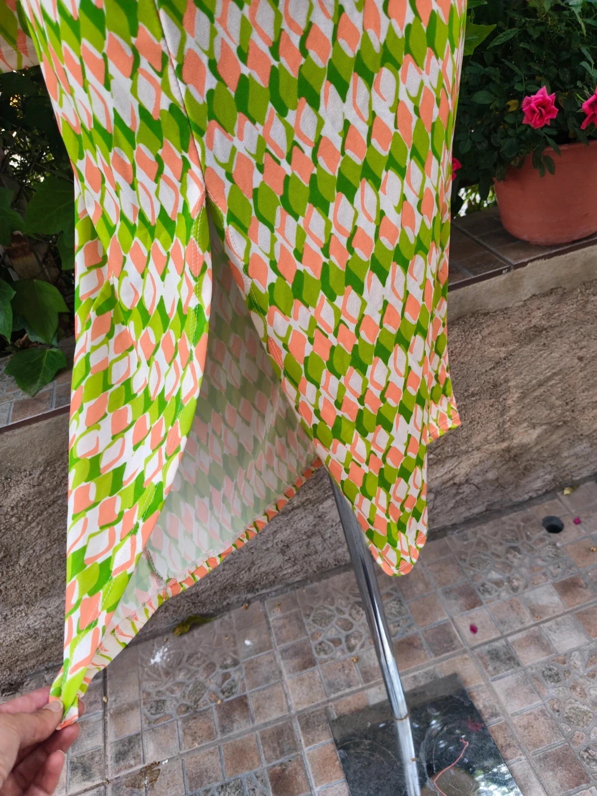 Espectacular Vestido Midi Vintage de los 70s - Estampado Geométrico Naranja y Verde 🌈 – Vintage Boutique – taille L / 40 / 12 4