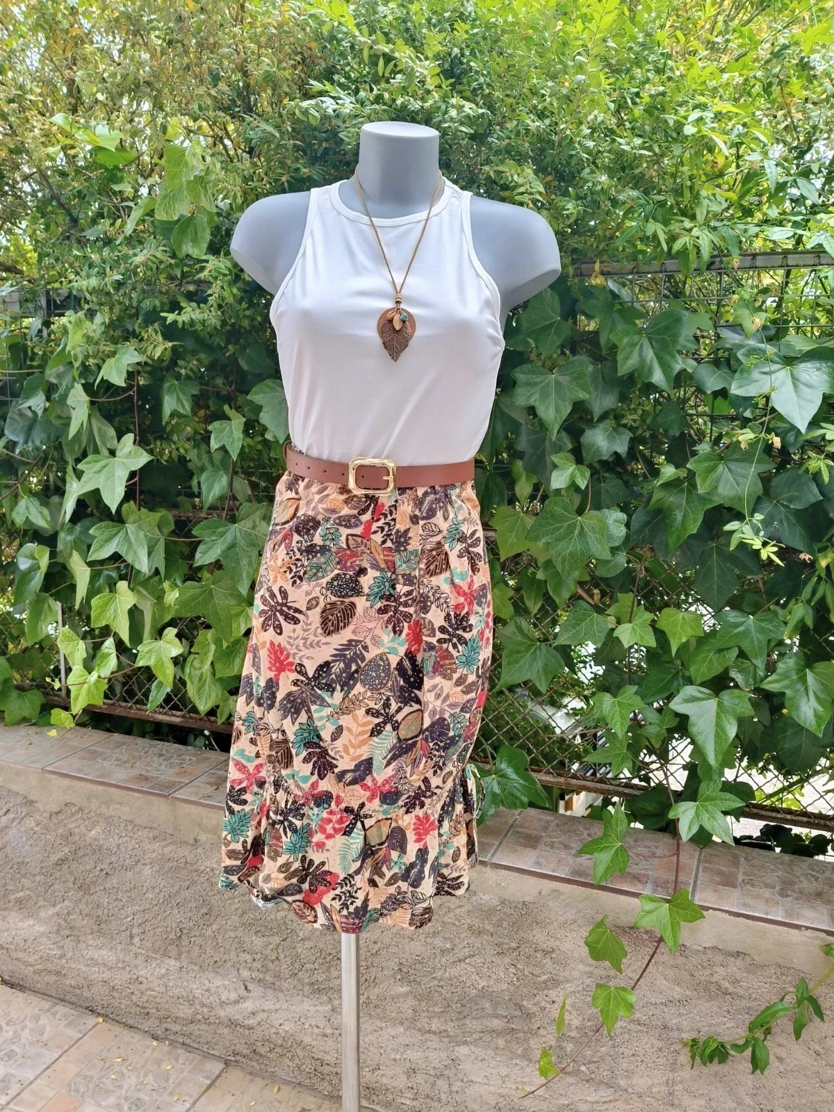 Falda Midi Estampado Tropical con Detalles Dorados - Ashalak Ibiza 🌈 – ashalak ibiza – taille M / 38 / 10