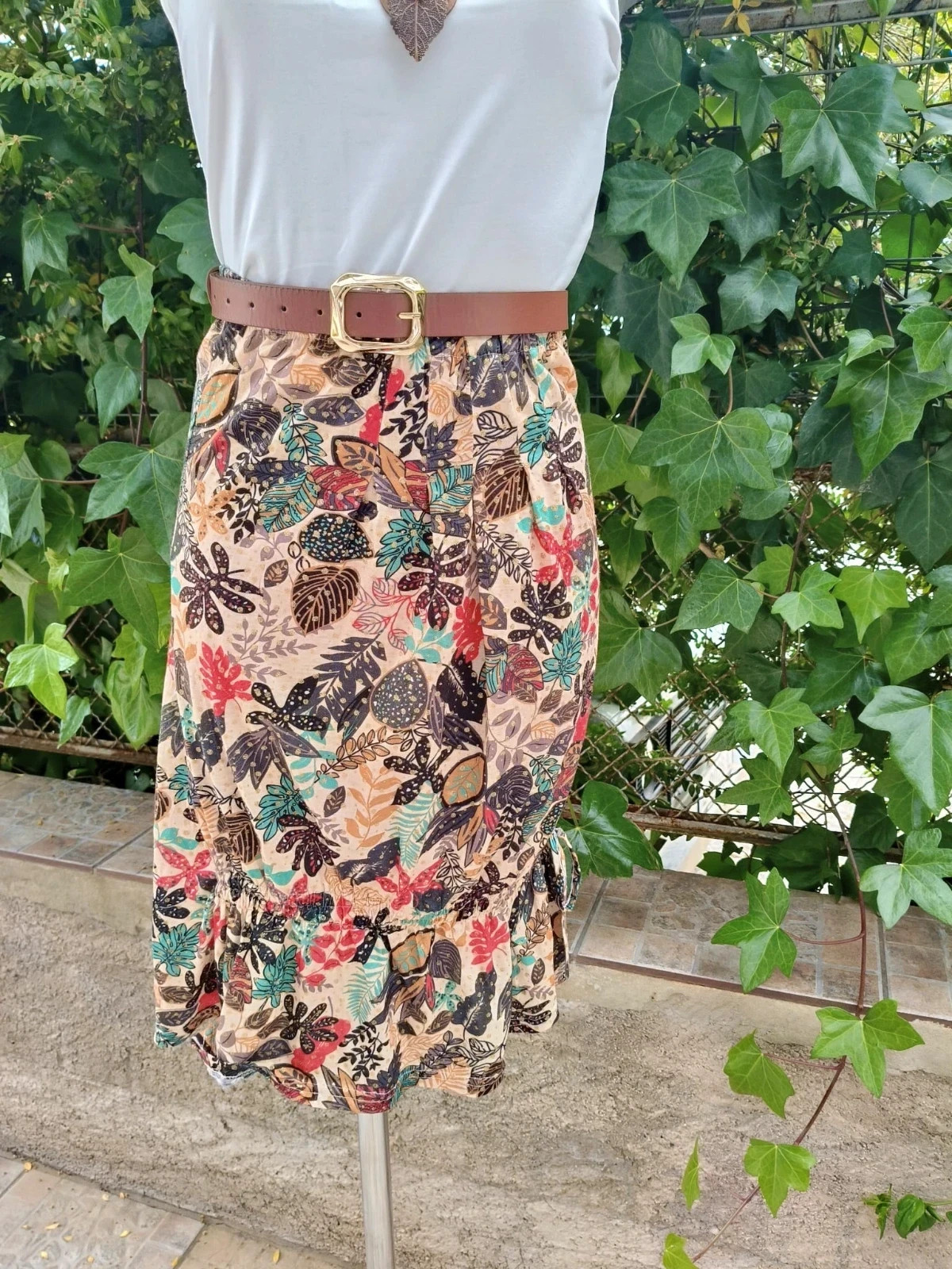 Falda Midi Estampado Tropical con Detalles Dorados - Ashalak Ibiza 🌈 – ashalak ibiza – taille M / 38 / 10 2