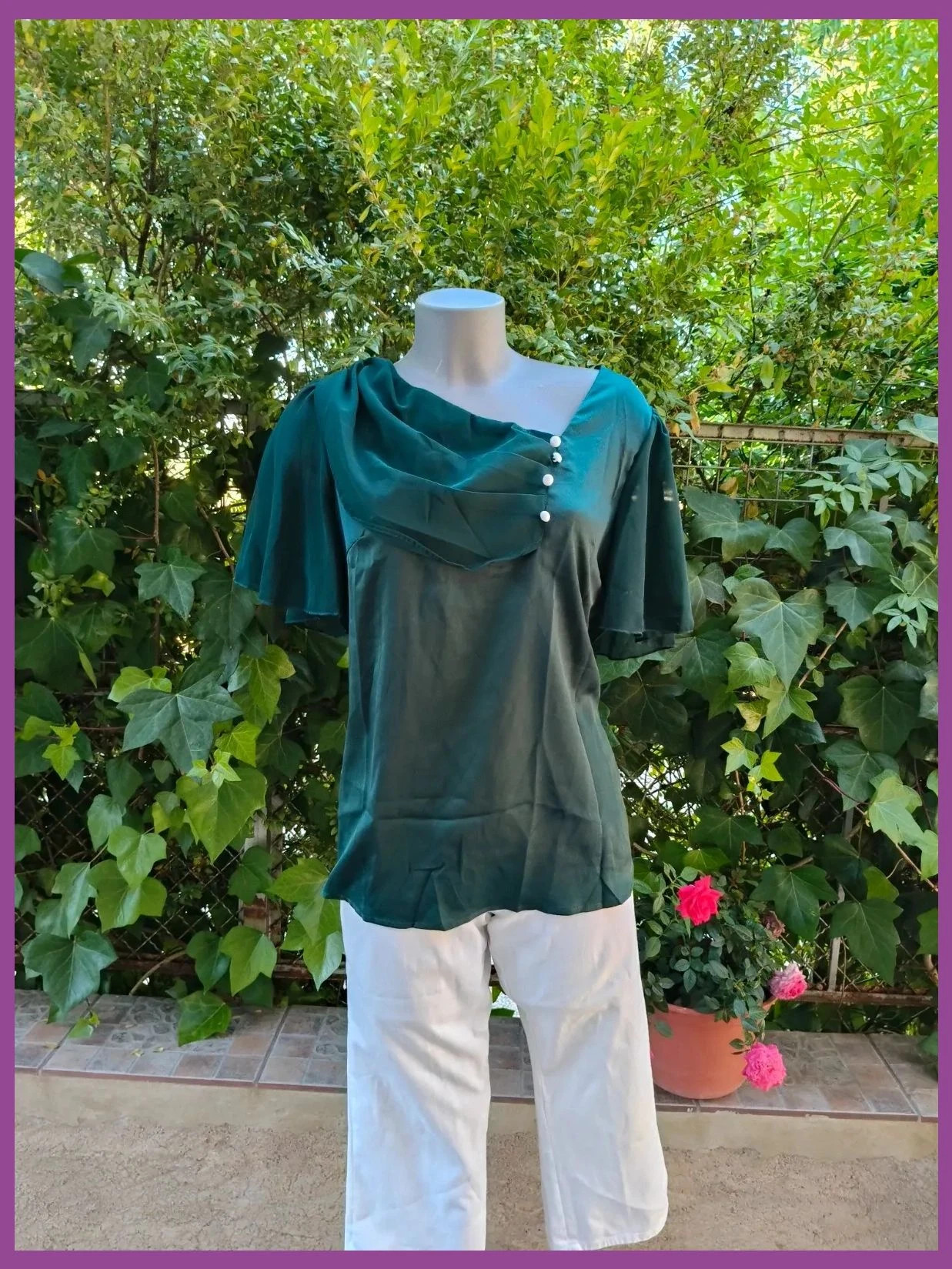 Elegante Blusa de Chifón Verde Botella con Cuello Drapeado y Botones 🌈 – La Boutique – taille XXL / 44 / 16 4