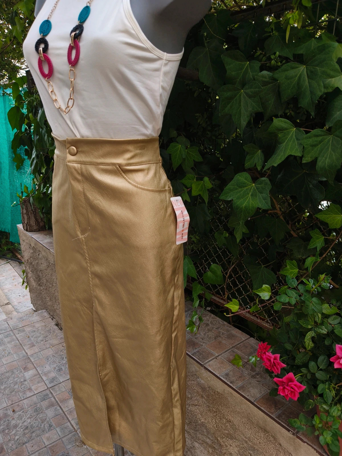 Falda midi dorada metalizada polipiel 🌈 – La Boutique – taille L / 40 / 12 5