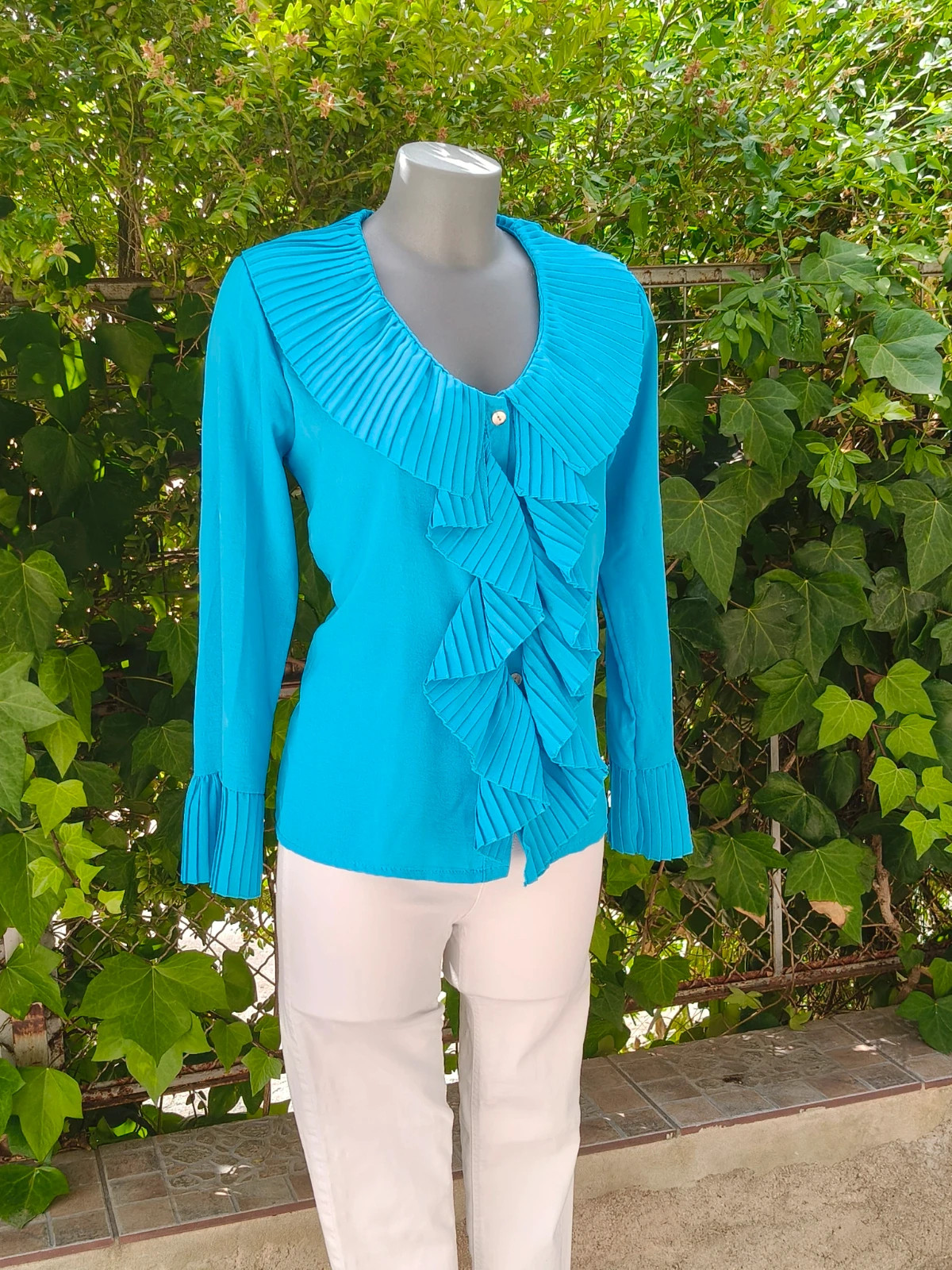 Blusa azul turquesa con volantes plisados 🌈 – R.S. Moda – taille L / 40 / 12 2