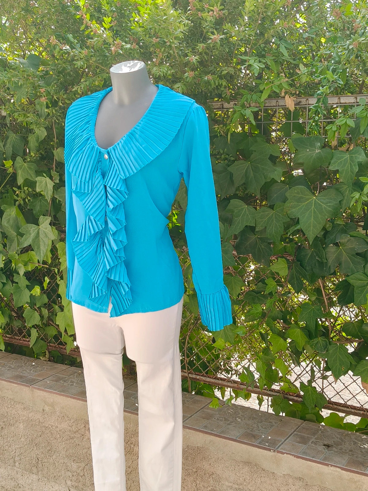 Blusa azul turquesa con volantes plisados 🌈 – R.S. Moda – taille L / 40 / 12 3