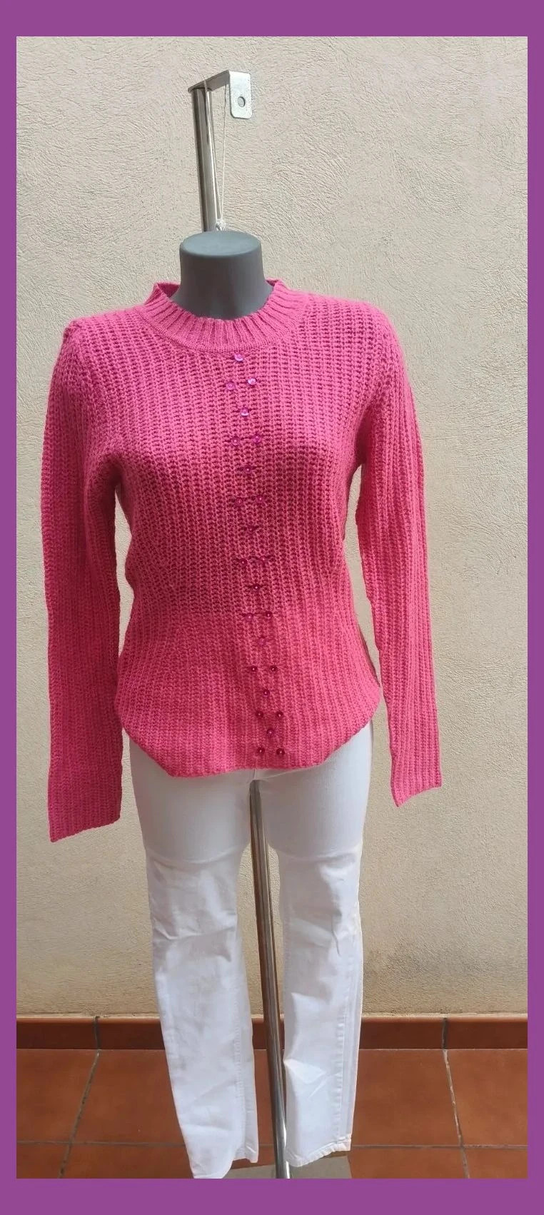 Jersey de Punto Rosa Fucsia con Lentejuelas – Mezcla de Lana 😍 – Marcosui – taille M / 38 / 10