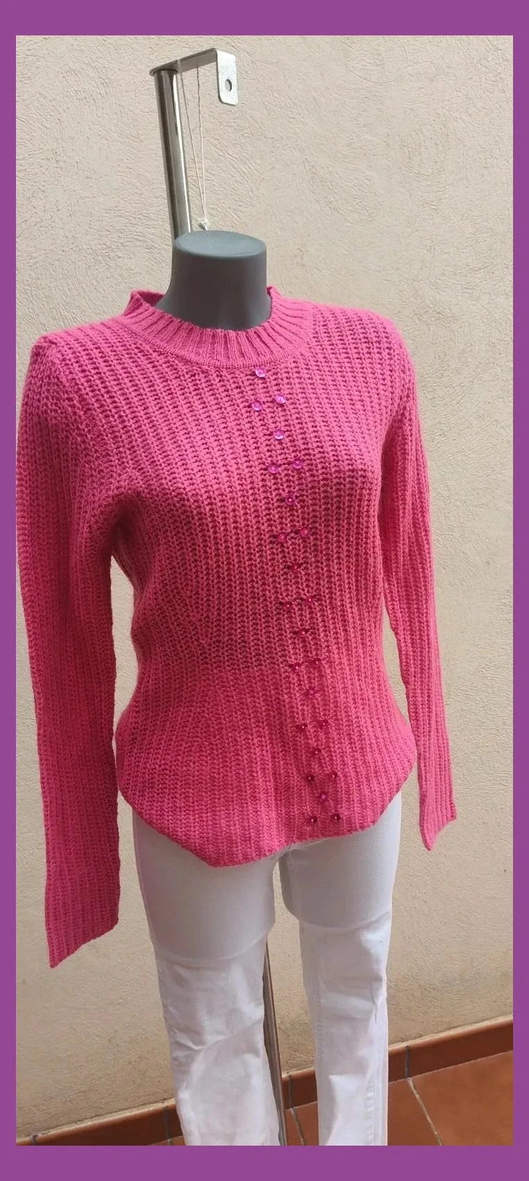 Jersey de Punto Rosa Fucsia con Lentejuelas – Mezcla de Lana 😍 – Marcosui – taille M / 38 / 10 2