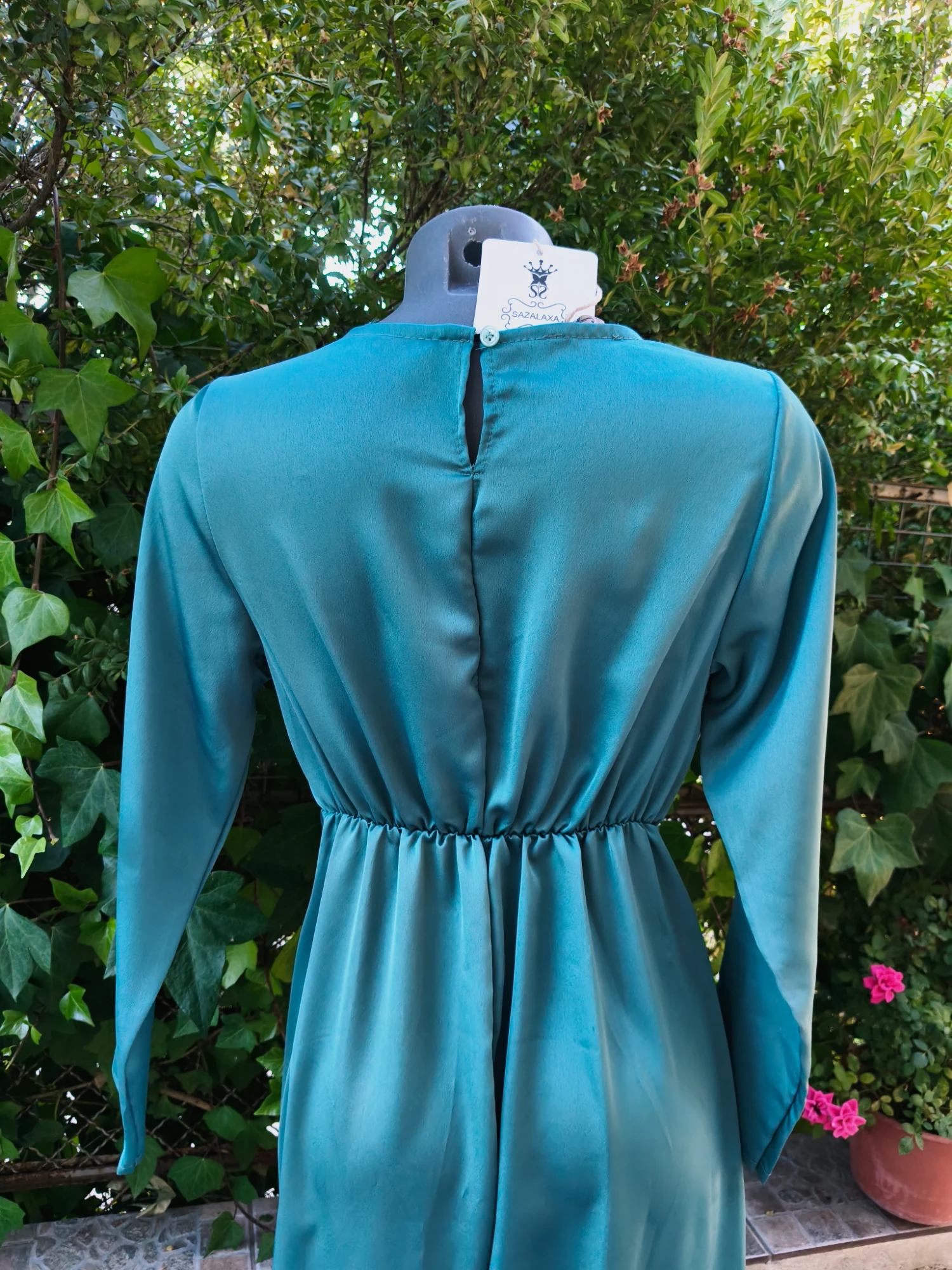 Vestido largo satinado verde turquesa con mangas largas – Sazalaxa – taille S 2