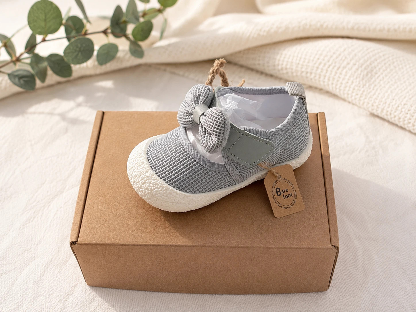 talla 19 bubble kids Zapatos Barefoot bebé gris con lazo Primeros pasos
