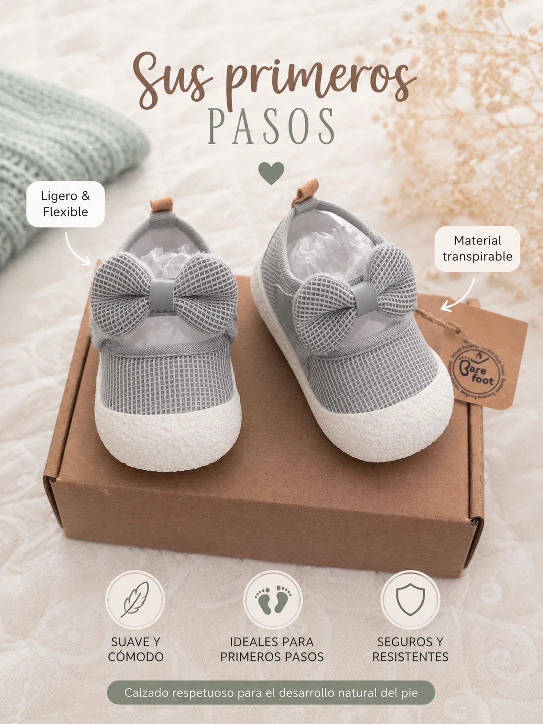 Zapatillas Barefoot bebé grises con lazo Calzado respetuoso Primeros pasos talla 21
