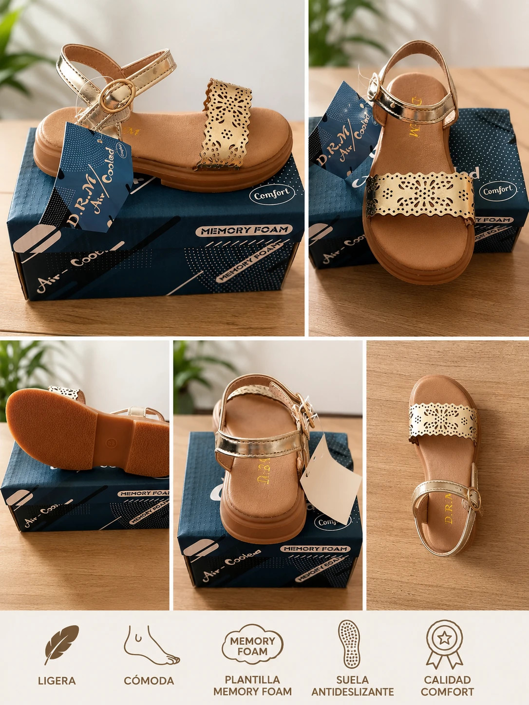 Sandalias niña doradas Memory Foam cómodas Talla 27