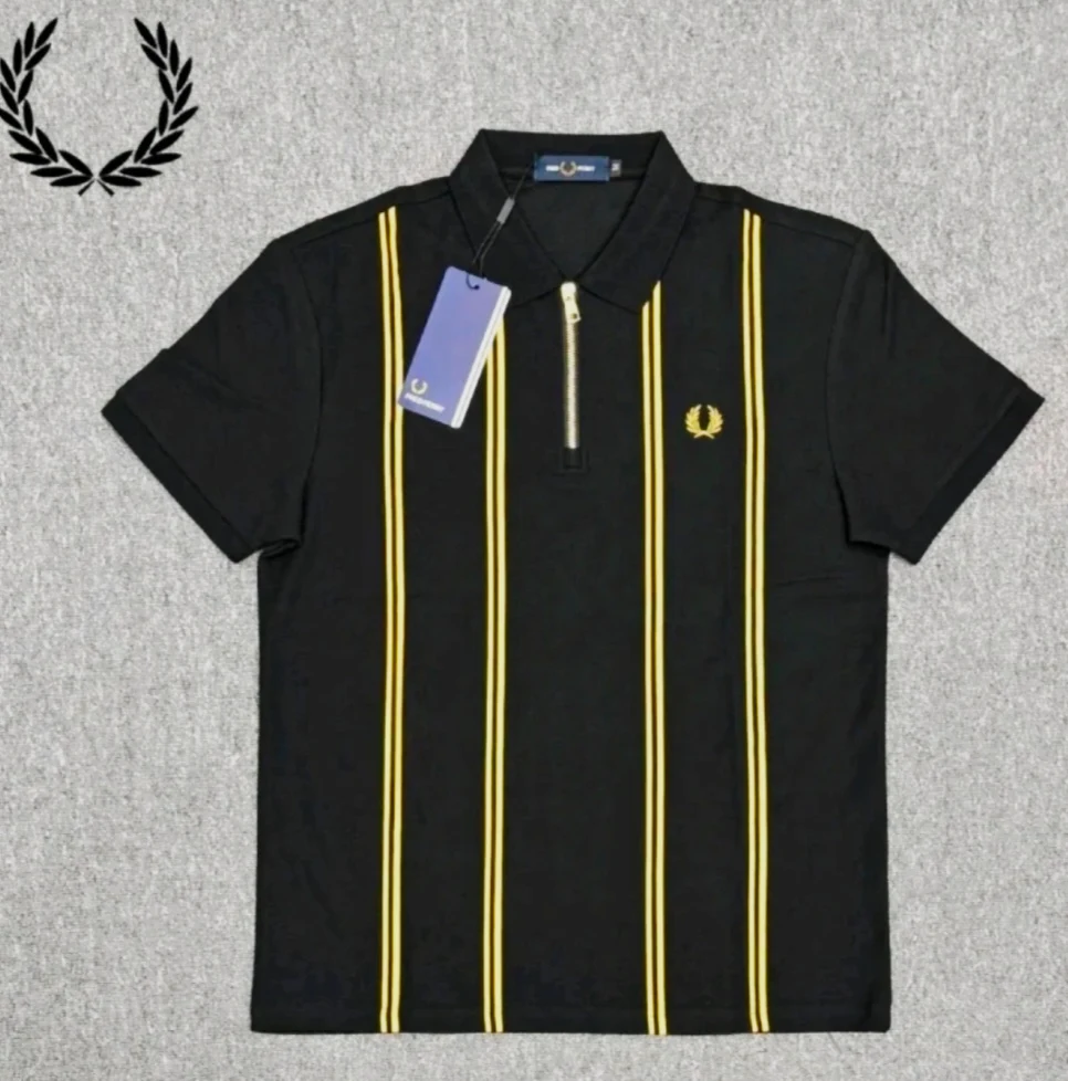 Fred Perry Style Black & Gold Zip Polo Shirt – Size M