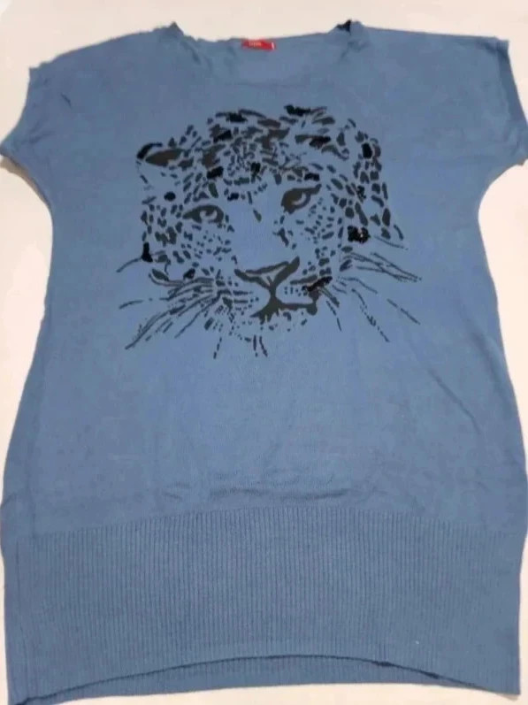 Pull tunique oversize léopard bleu Tissaia à sequins T42/44 - Haut imprimé animal manches dolman – Vintage Dressing – taille XXL / 44 / 16 3