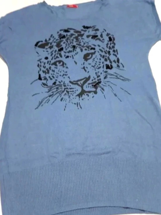 Pull tunique oversize léopard bleu Tissaia à sequins T42/44 - Haut imprimé animal manches dolman – Vintage Dressing – taille XXL / 44 / 16 5