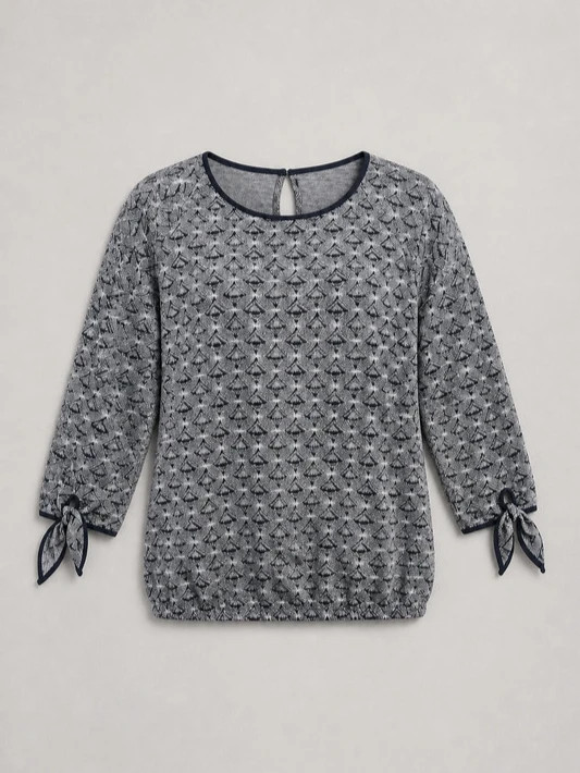 Blouse femme L bleu marine blanc imprimé graphique manches nouées 3/4 fluide chic – Tendance – taille XL / 42 / 14 3