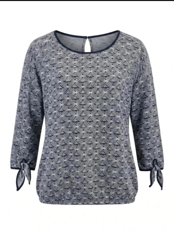 Blouse femme L bleu marine blanc imprimé graphique manches nouées 3/4 fluide chic