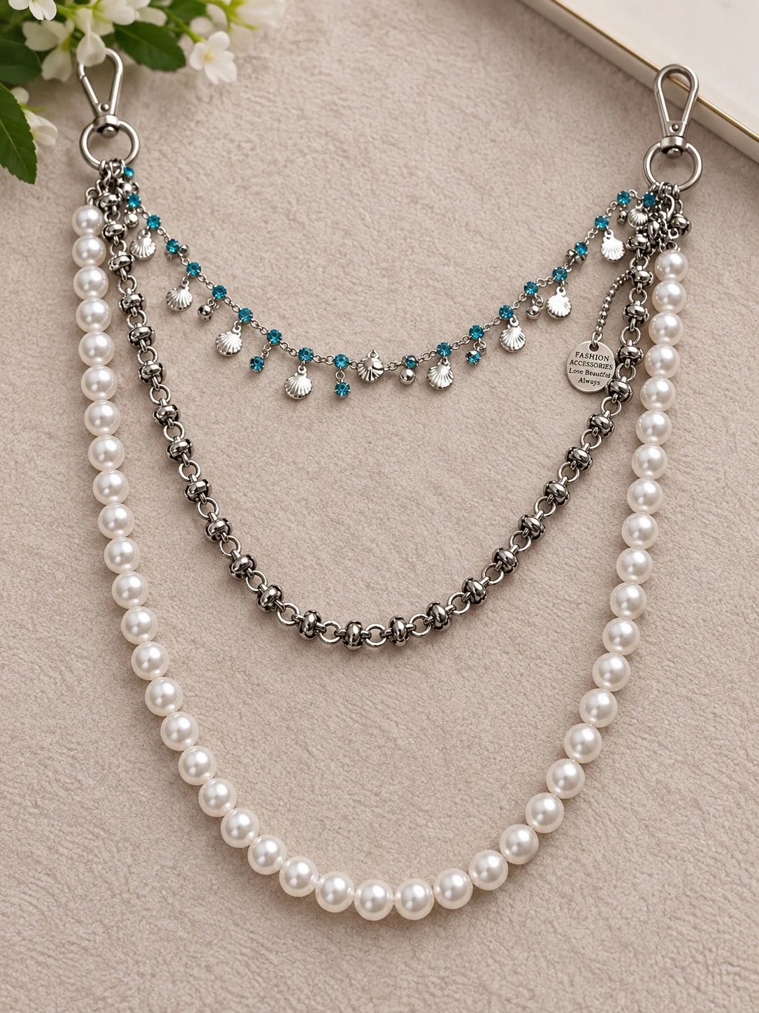Layered Pearl & Silver Bag Chain Accessory